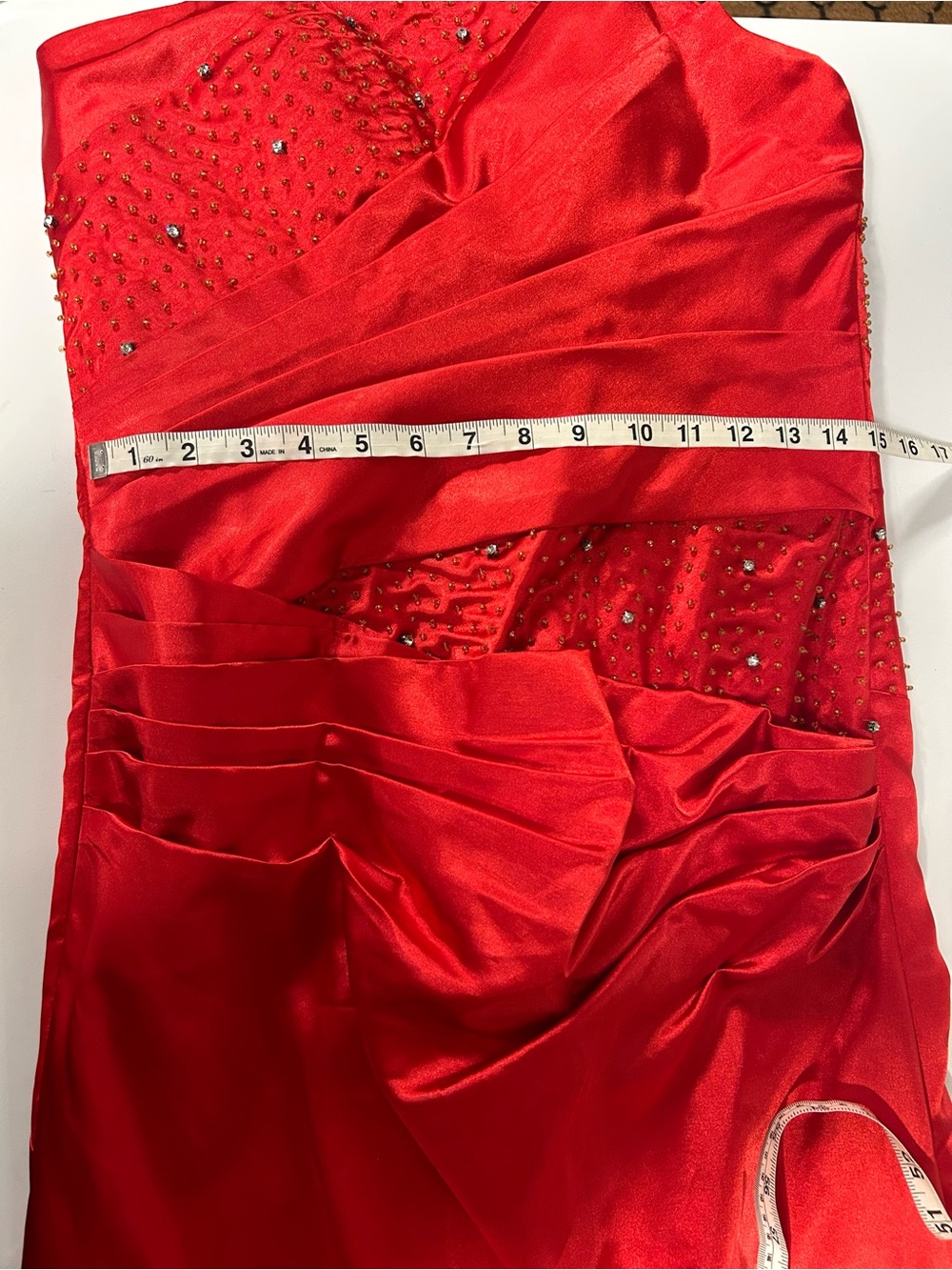Red Satin Strapless Formal Gown Beaded Bodice Ruched Maxi Dress Prom Evening M - Picture 7 of 8